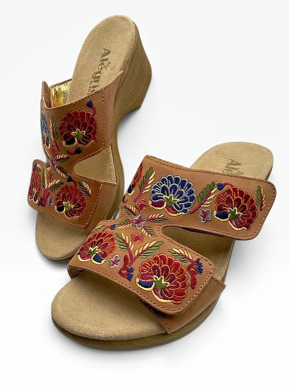 🌸 Alegria Linn Cognac Embroidered Leather Wedge Sandals Boho Floral Slide
 EU 40